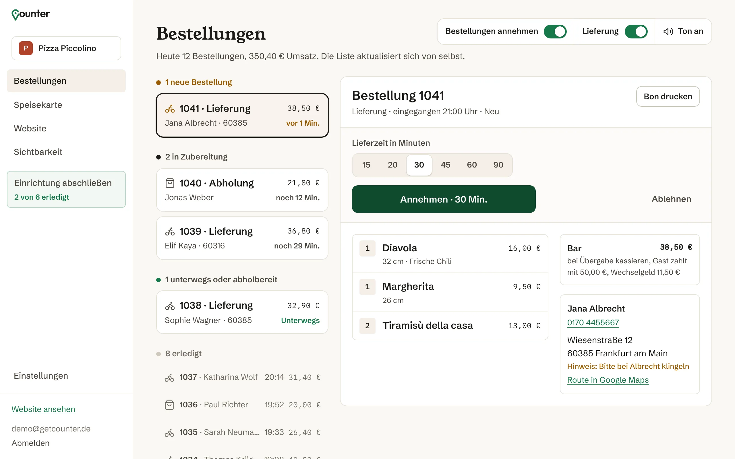 Bestellbildschirm von Counter mit der neuen Lieferbestellung 1041 über 38,50 Euro