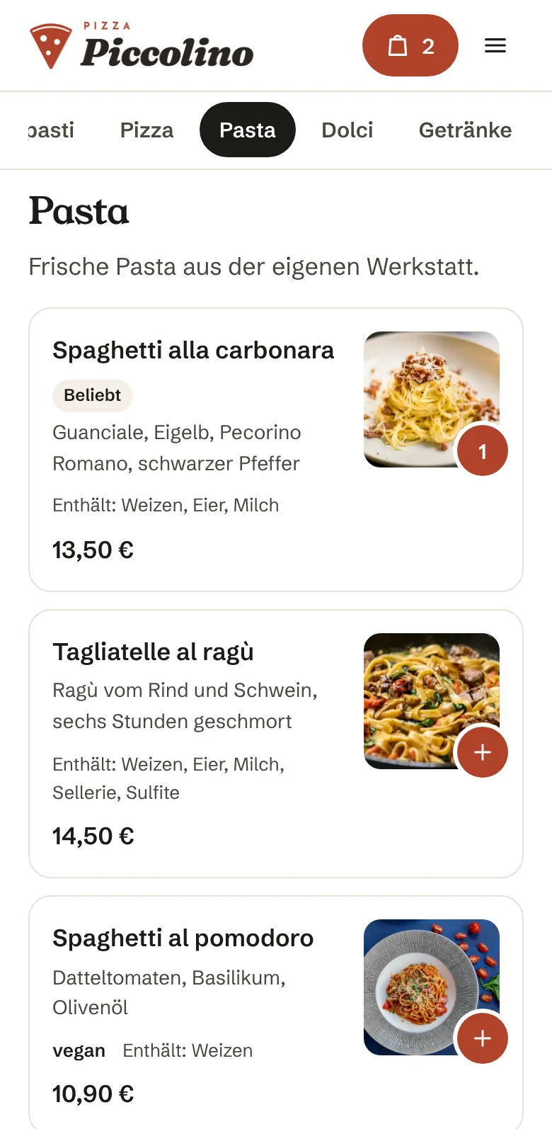 Speisekarte des Demo-Restaurants Pizza Piccolino auf dem Handy: Pasta mit Fotos und Preisen, zwei Gerichte im Warenkorb